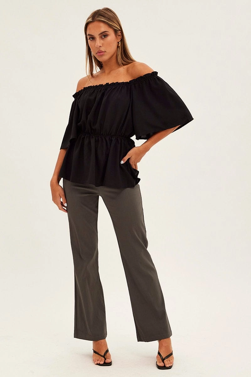 Black Top Short Sleeve Off Shoulder Longline Flutter
