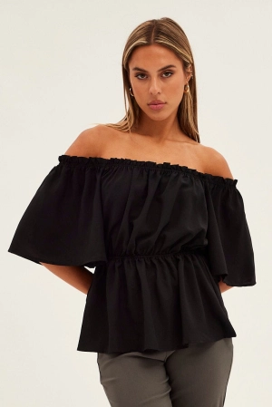 Black Top Short Sleeve Off Shoulder Longline Flutter