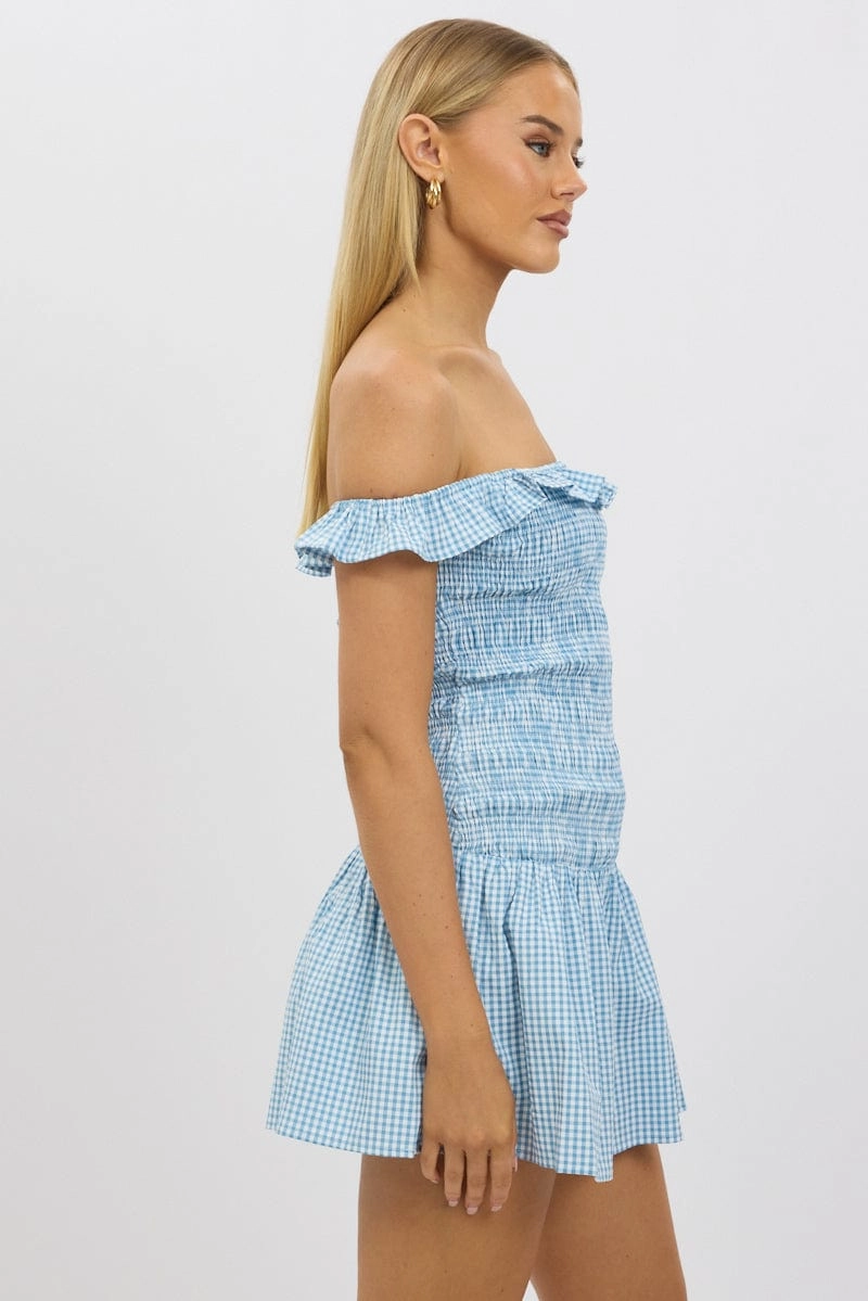 Blue Check Shirred Mini Dress