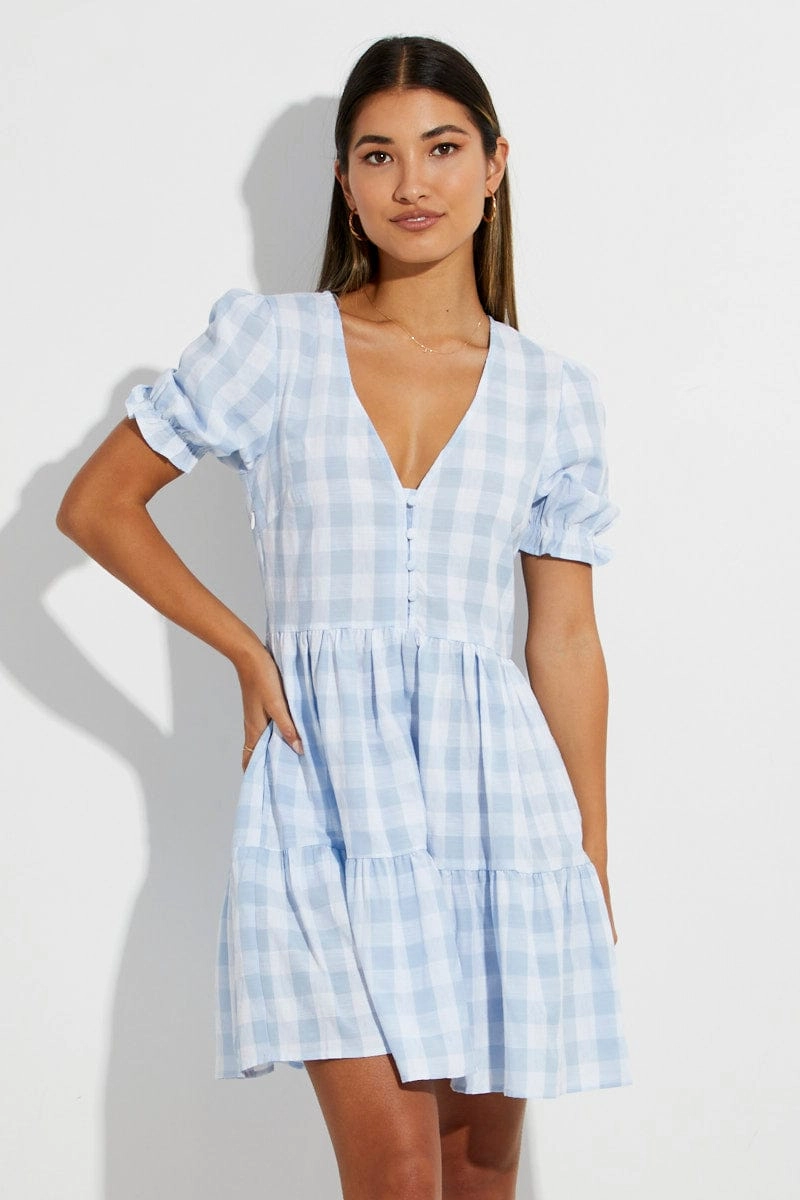 Blue Check Skater Dress V Neck Puff Sleeve Gingham