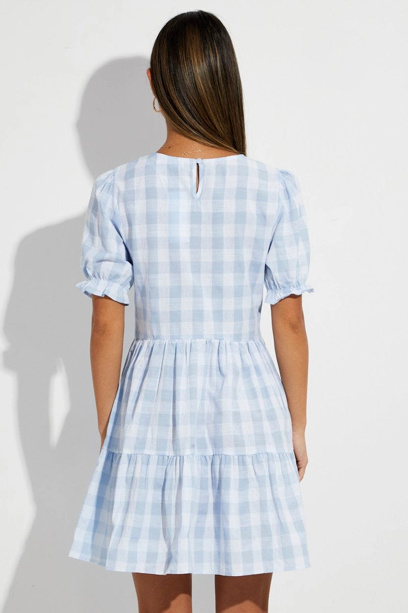 Blue Check Skater Dress V Neck Puff Sleeve Gingham