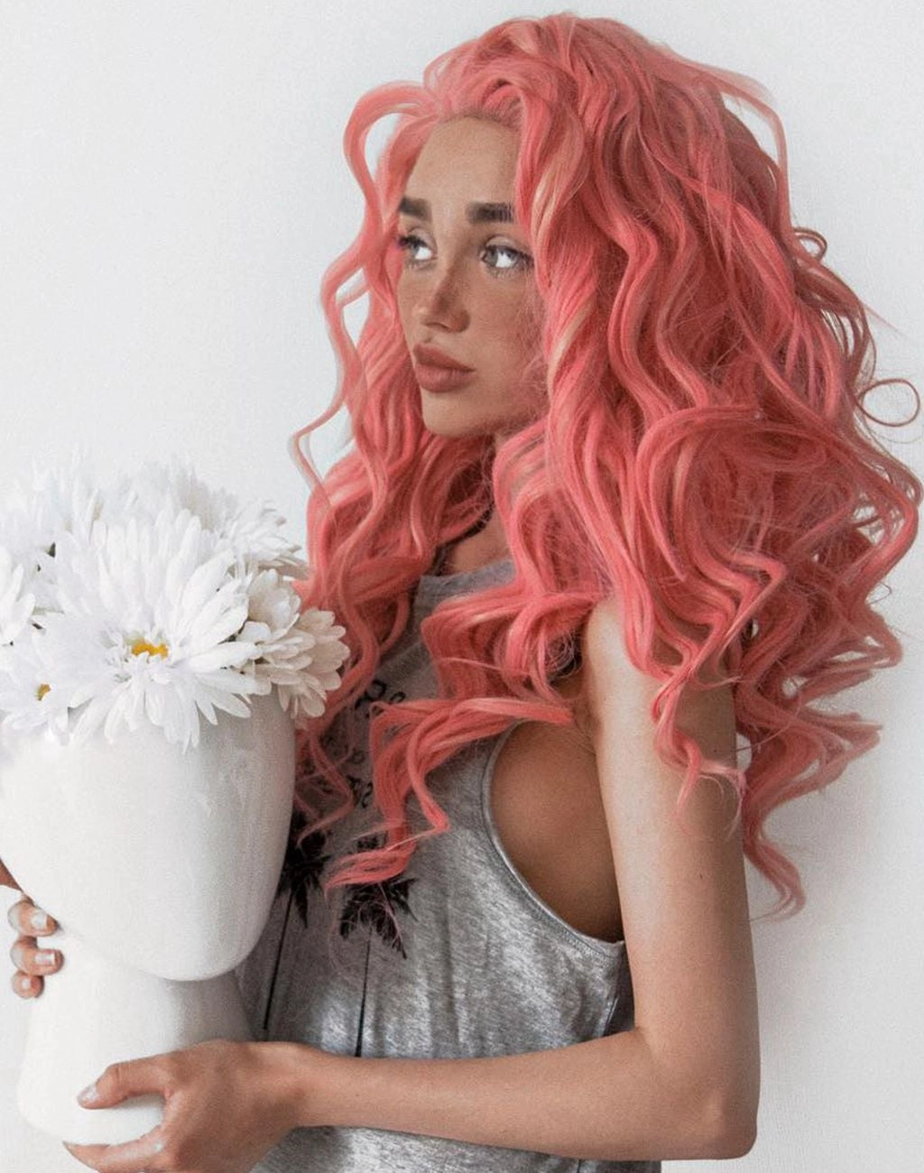 Charlotte - Pink With Blonde Highlight Long Spiral Curl Synthetic Lace Front Wig