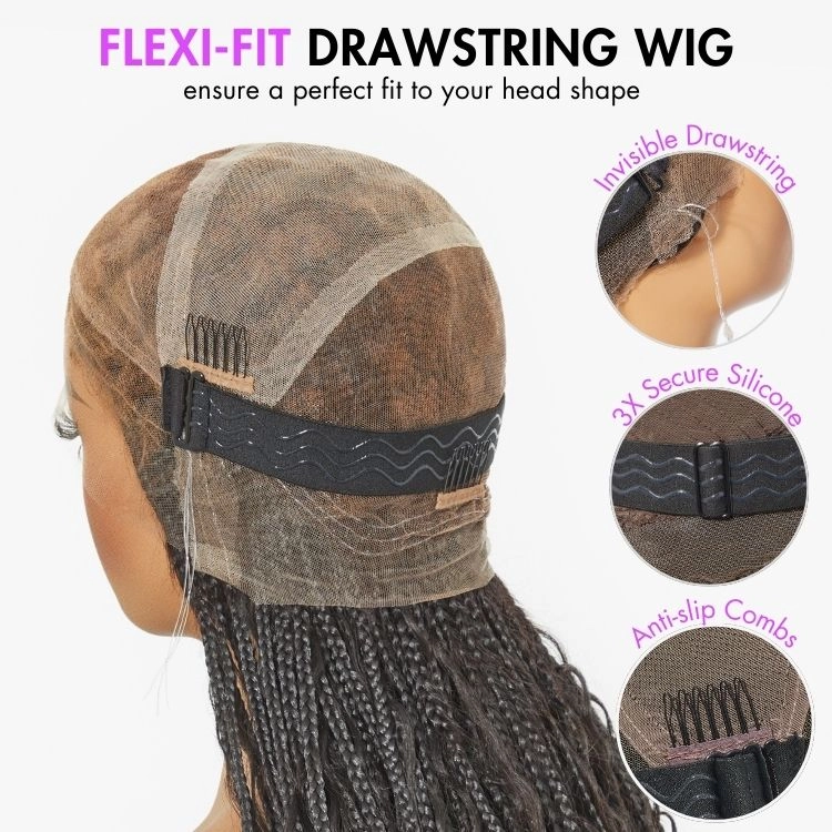 Flexi-Fit Invisi Drawstring Cap HD Full Lace Knotless Boho Curls Braided Long Wig Super Natural Scalp