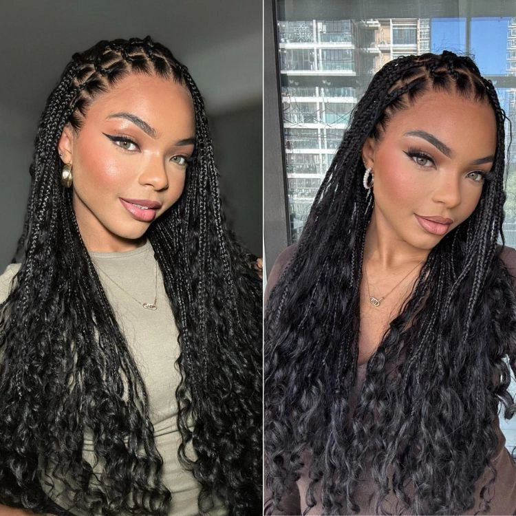 Flexi-Fit Invisi Drawstring Cap HD Full Lace Knotless Boho Curls Braided Long Wig Super Natural Scalp