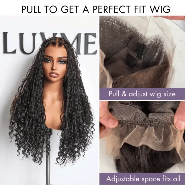 Flexi-Fit Invisi Drawstring Cap HD Full Lace Knotless Boho Curls Braided Long Wig Super Natural Scalp