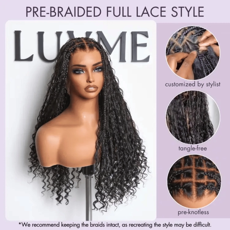 Flexi-Fit Invisi Drawstring Cap HD Full Lace Knotless Boho Curls Braided Long Wig Super Natural Scalp