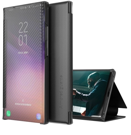 For Samsung Galaxy S21  5G Carbon Fiber Texture View Time Horizontal Flip Leather Case with Holder