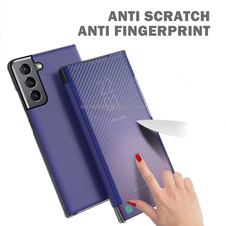 For Samsung Galaxy S21  5G Carbon Fiber Texture View Time Horizontal Flip Leather Case with Holder