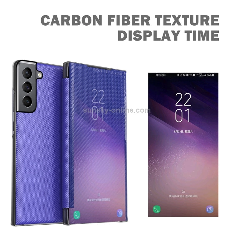 For Samsung Galaxy S21  5G Carbon Fiber Texture View Time Horizontal Flip Leather Case with Holder