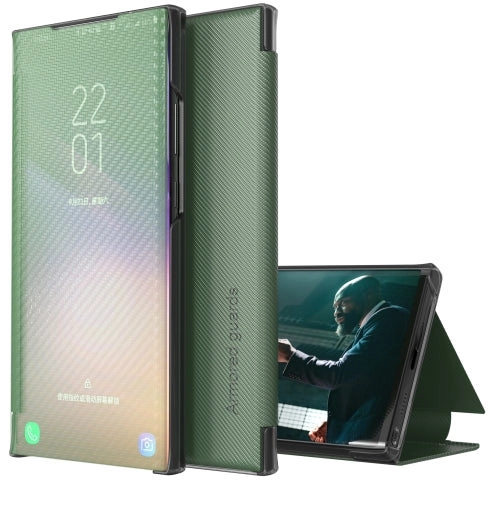 For Samsung Galaxy S21  5G Carbon Fiber Texture View Time Horizontal Flip Leather Case with Holder