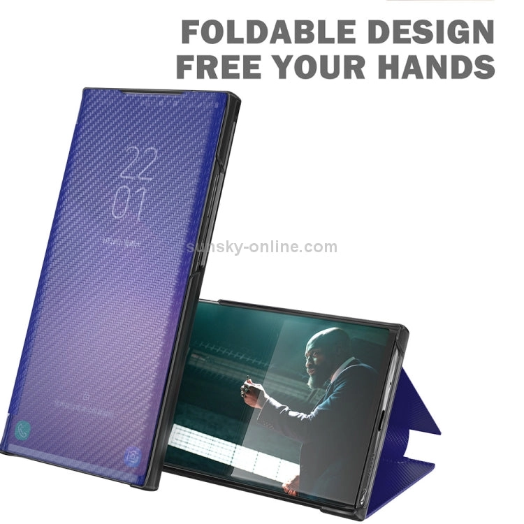 For Samsung Galaxy S21  5G Carbon Fiber Texture View Time Horizontal Flip Leather Case with Holder
