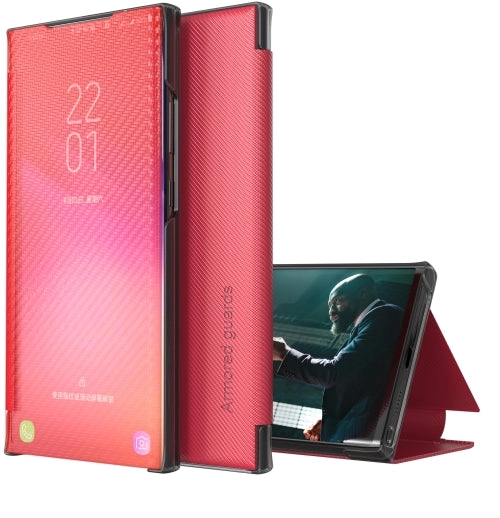 For Samsung Galaxy S21  5G Carbon Fiber Texture View Time Horizontal Flip Leather Case with Holder
