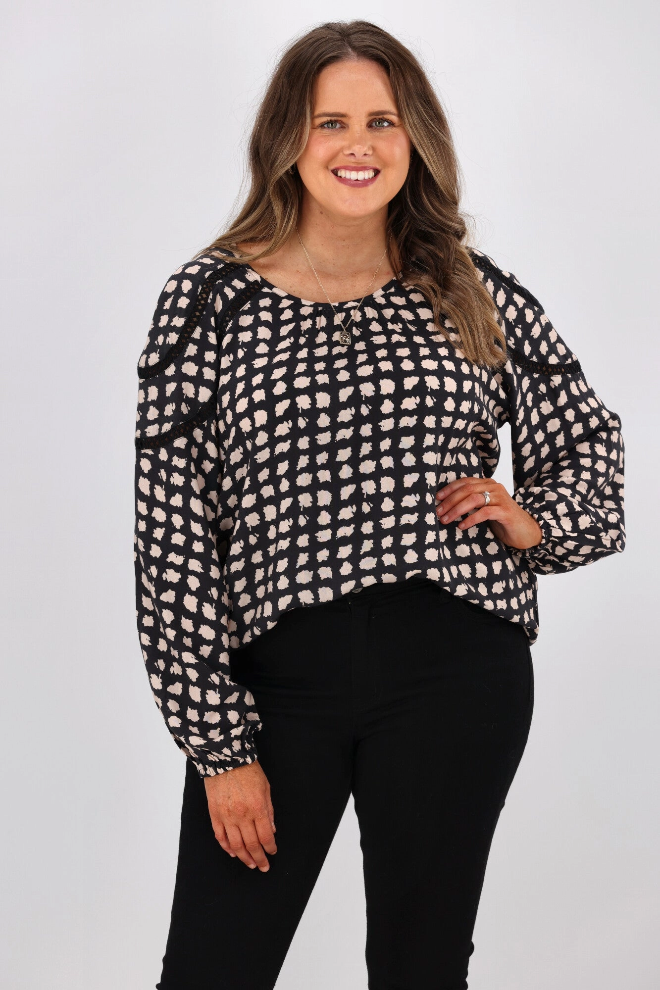 Gloss by Shine On Nello Ladder Lace Puff Sleeve Blouse Geo Print