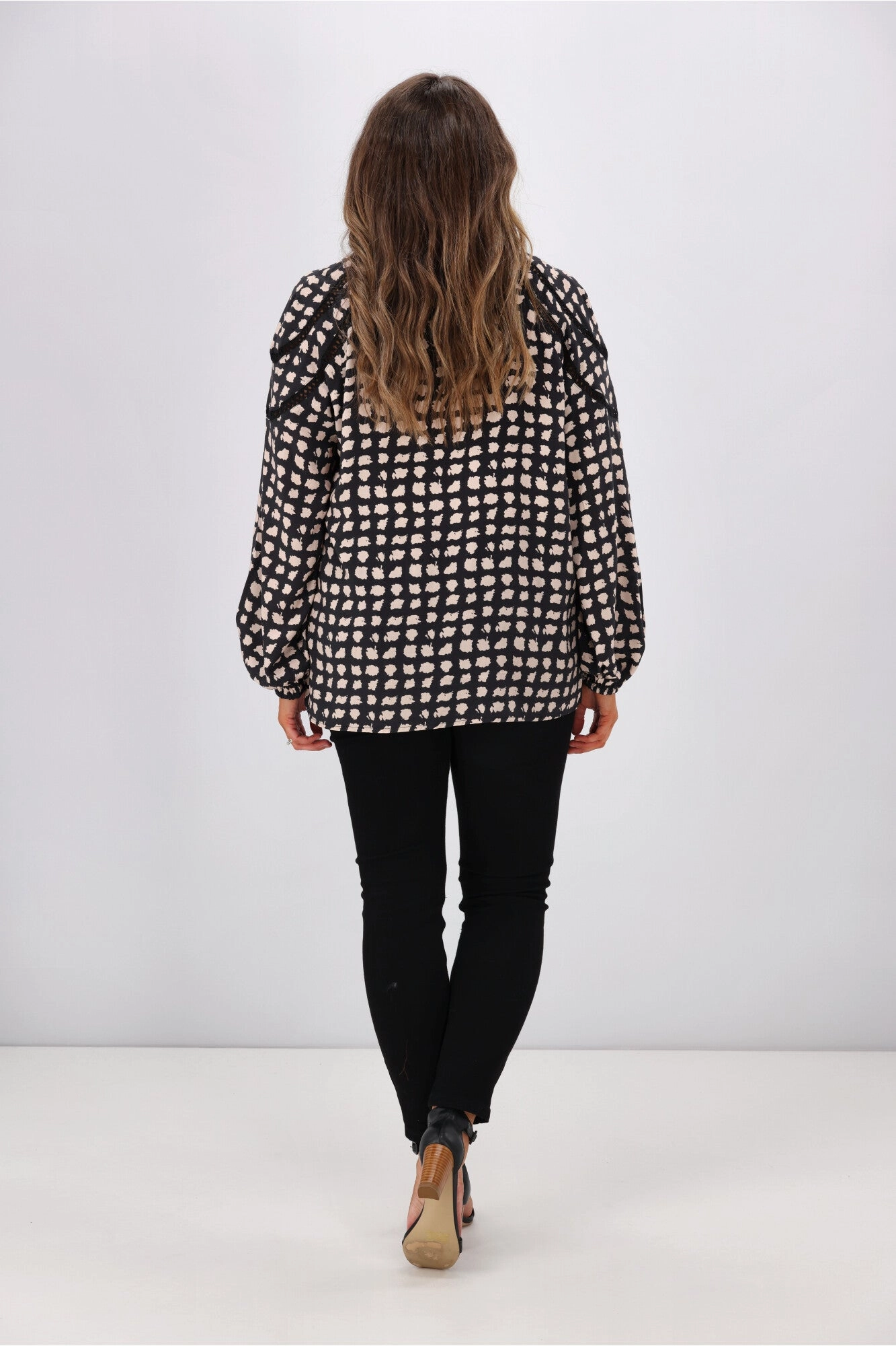Gloss by Shine On Nello Ladder Lace Puff Sleeve Blouse Geo Print