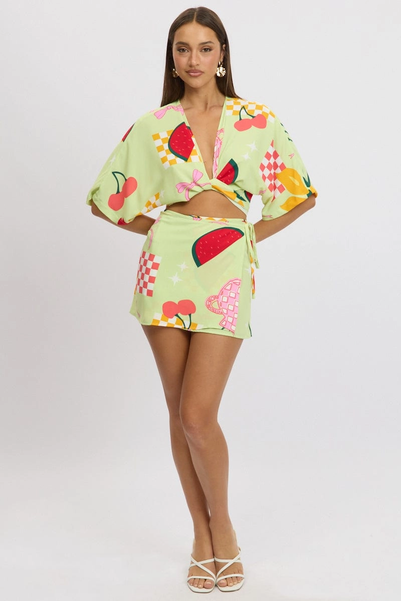 Green Abstract Tie Up Bolero Short Sleeve