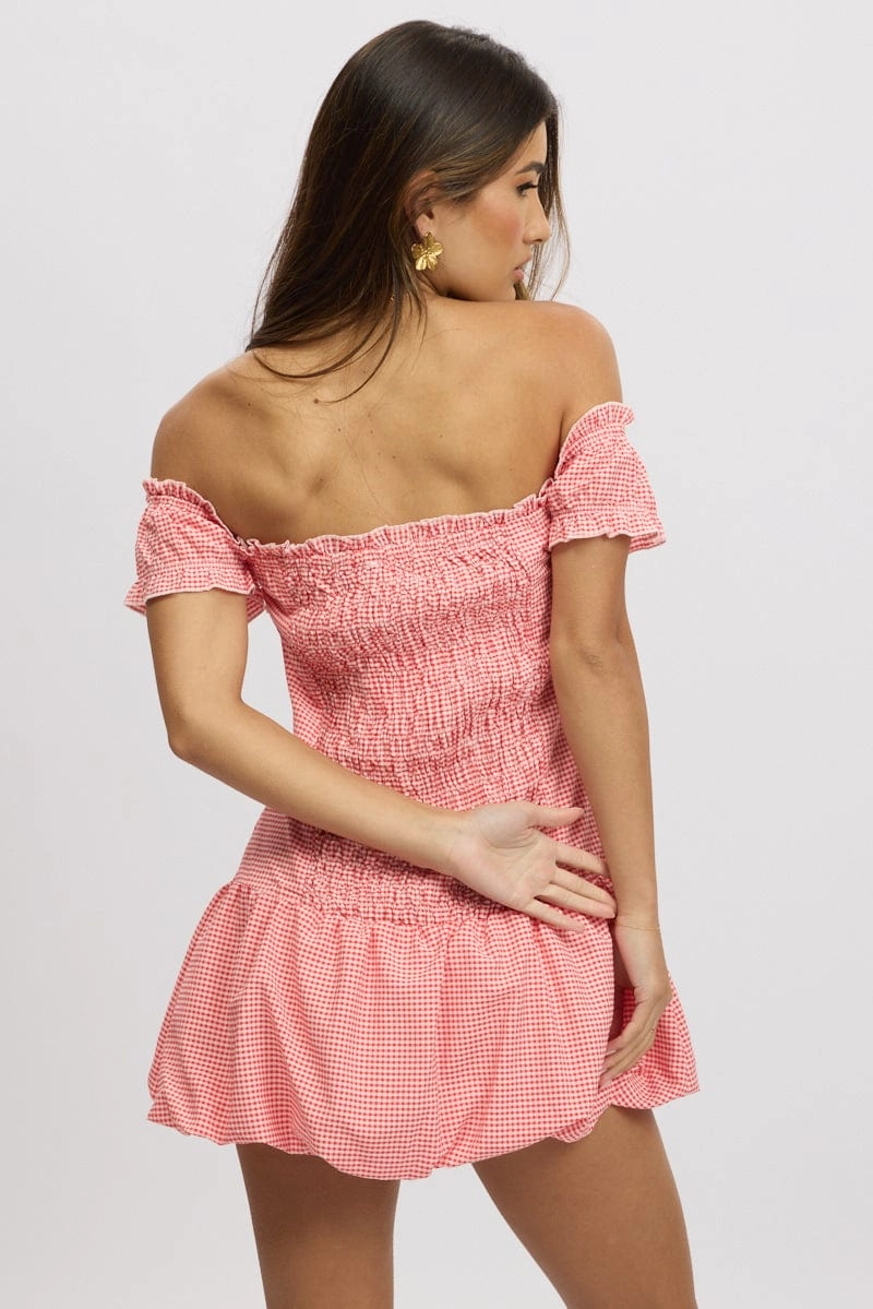 Red Check Bubble Dress Off The Shoulder