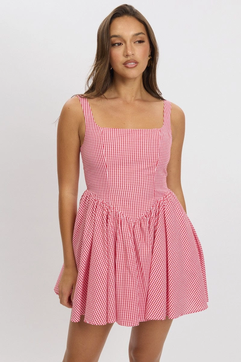 Red Check Fit And Flare Dress Mini