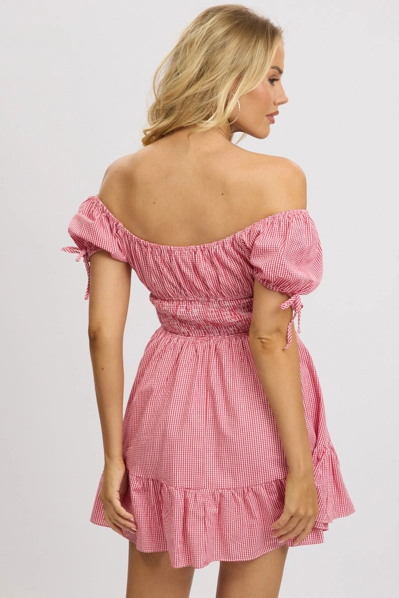 Red Check Fit And Flare Dress Puff Sleeve Mini