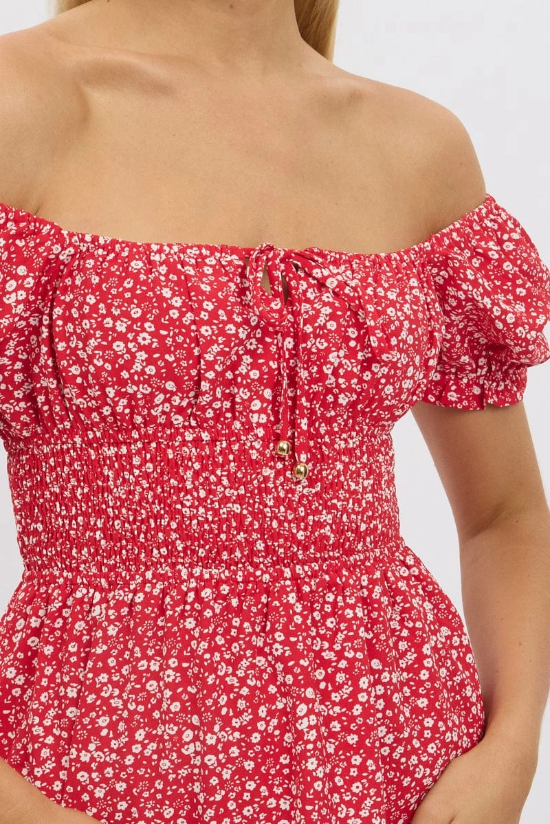 Red Ditsy Fit And Flare Dress Mini