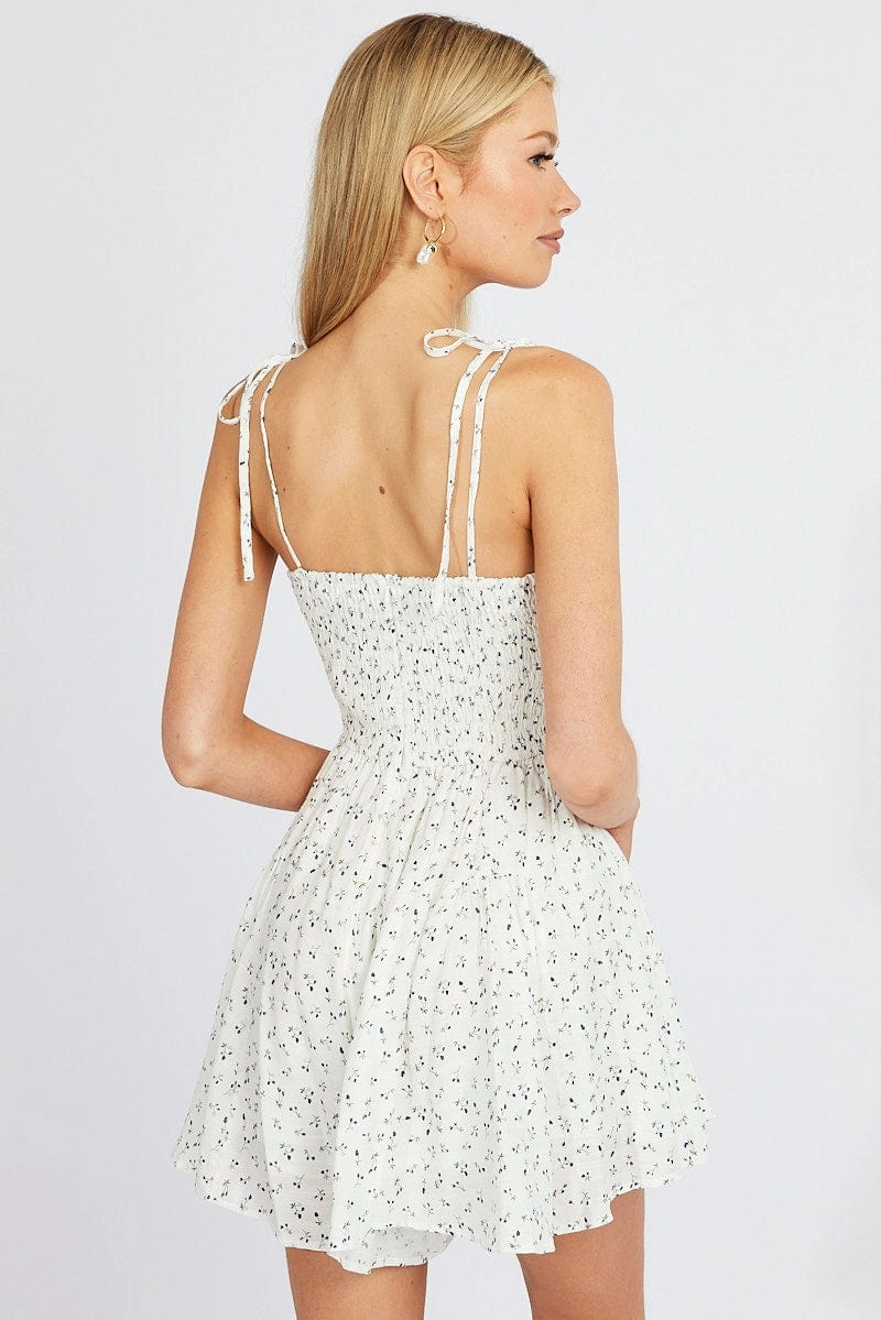 White Ditsy Fit And Flare Playsuit Gathered Bust Sleeveless