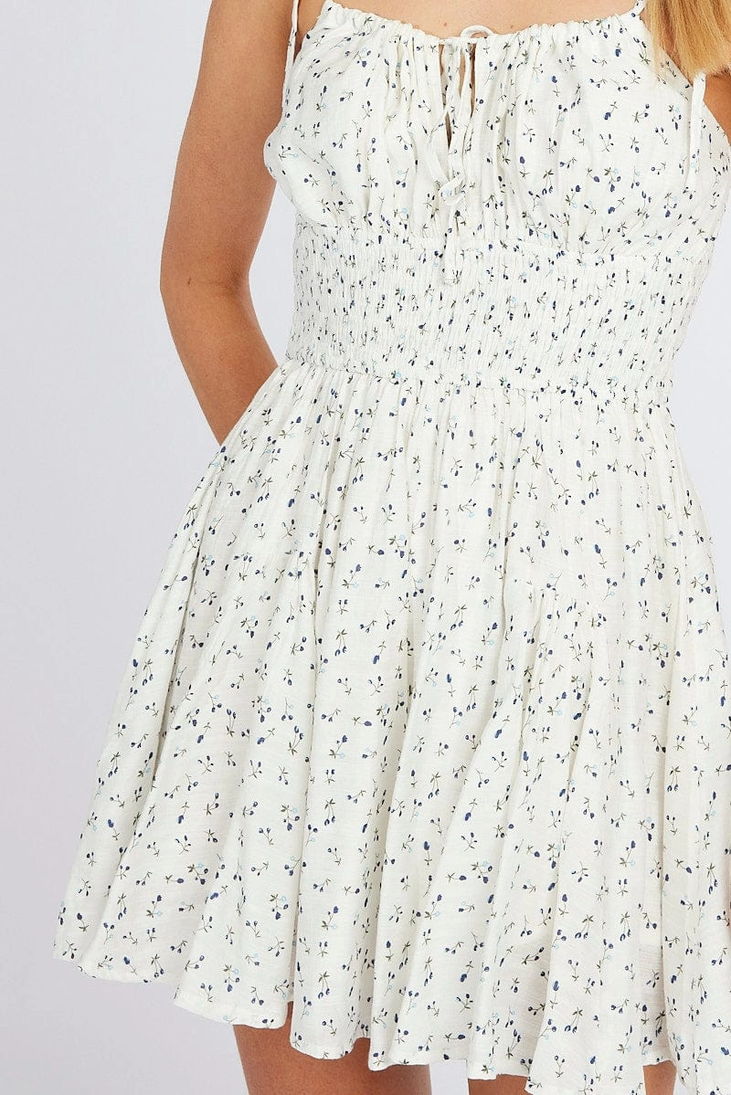 White Ditsy Fit And Flare Playsuit Gathered Bust Sleeveless