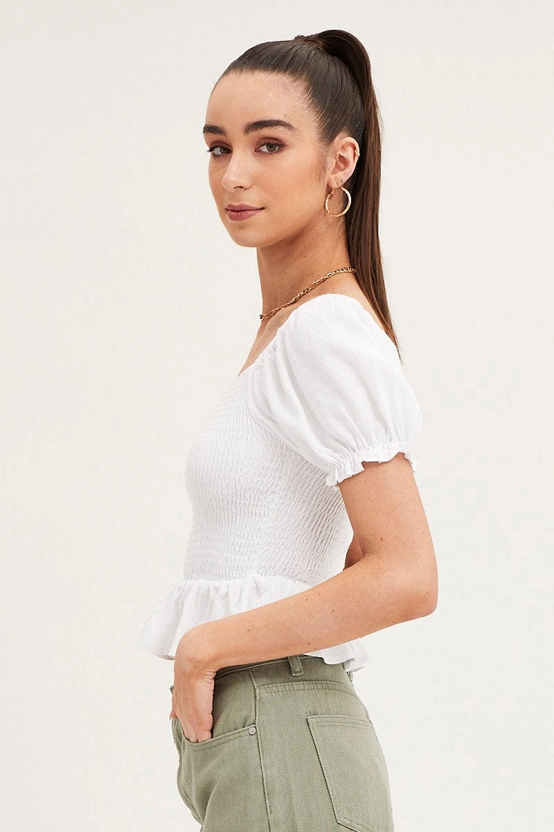 White Puff Sleeve Shirred Top