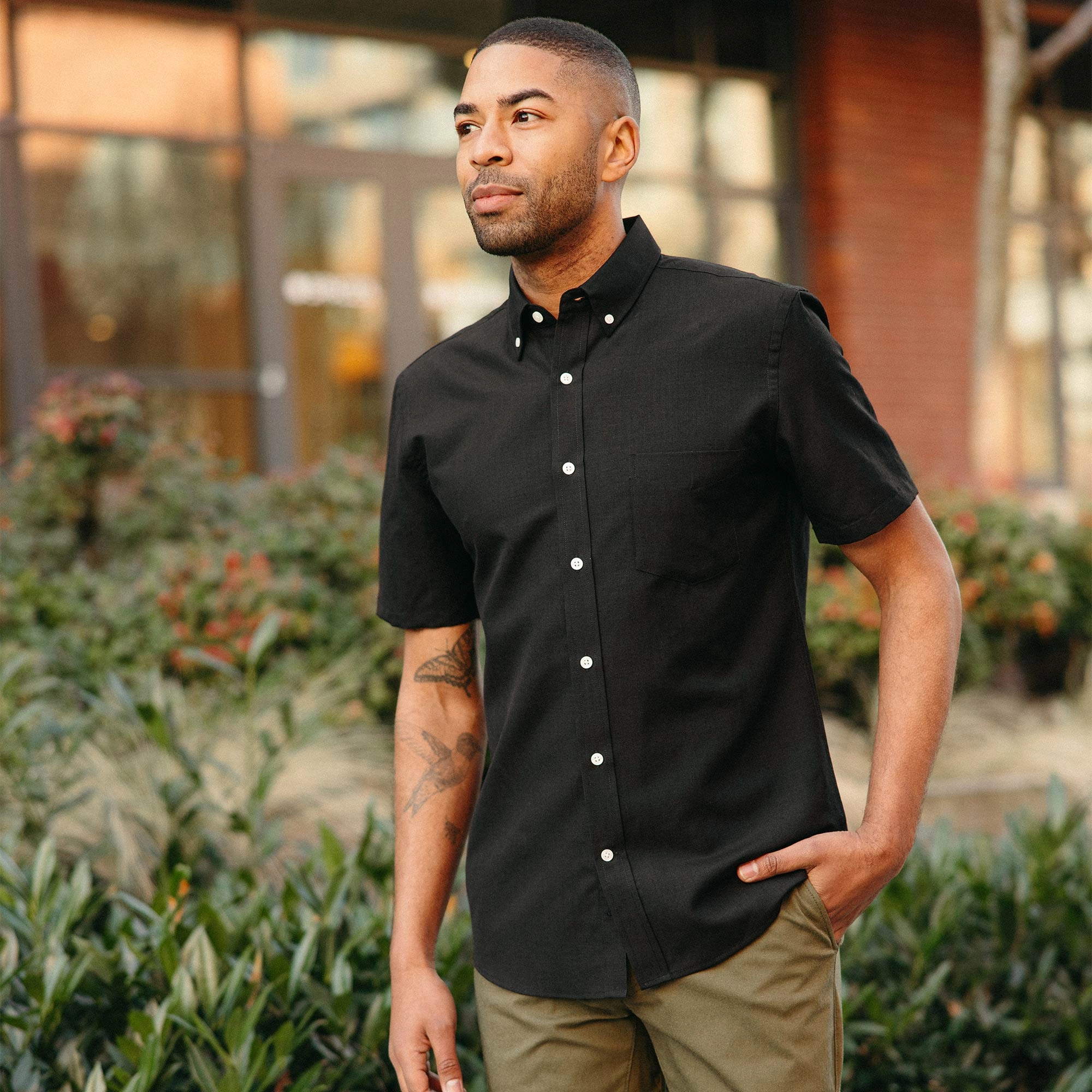 Wool Linen Short Sleeve Button-Down Shirt
