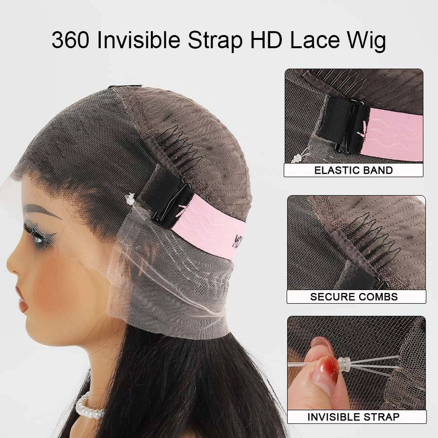 WOWANGEL 360 Invisible Strap HD Lace Wig Straight Pre Plucked Clean Hairline