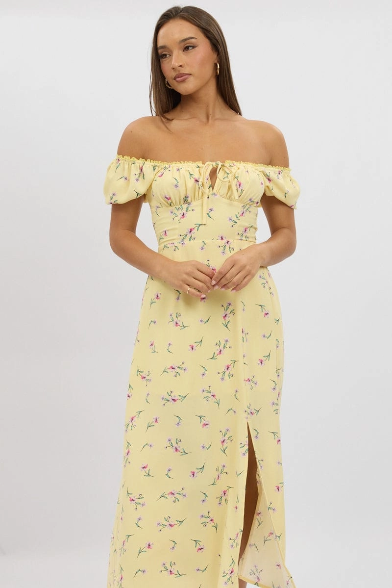 Yellow Floral Midi Dress Ruched Bust