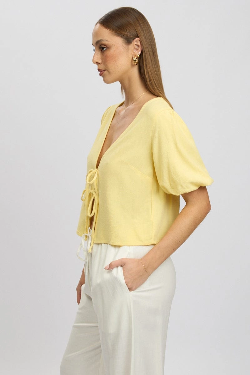 Yellow Tie Front Top Puff Short Sleeve