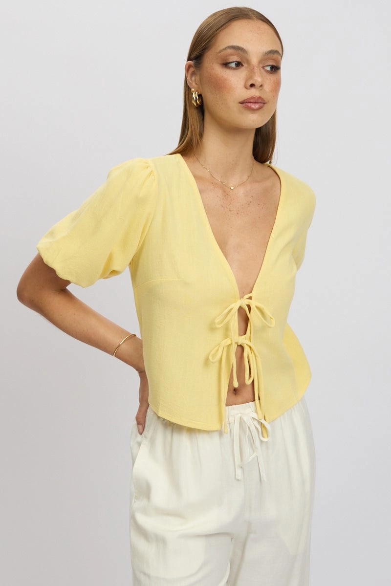 Yellow Tie Front Top Puff Short Sleeve