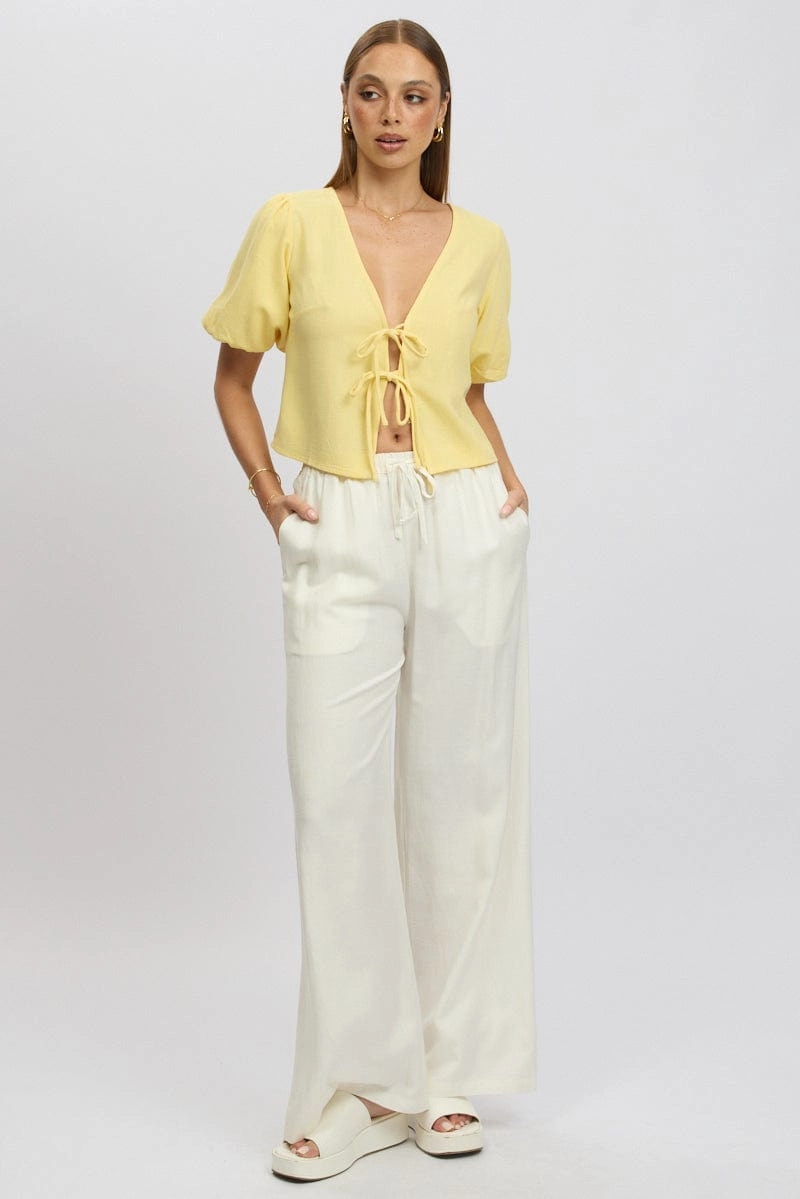 Yellow Tie Front Top Puff Short Sleeve